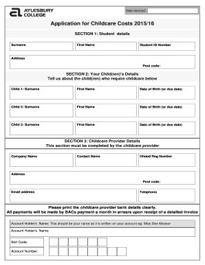UK Childcare Costs Application Form 2015/16