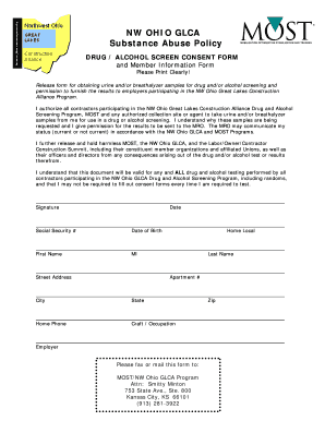 NW Ohio GLCA Drug Alcohol Screen Consent Form