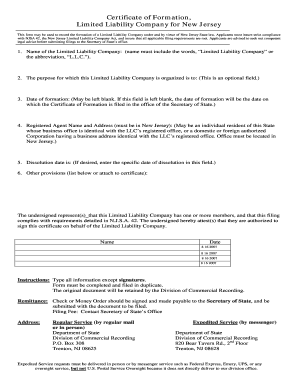 New Jersey Certificate of Formation for Limited Liability Company