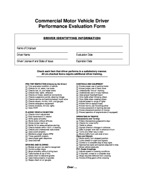 Commercial Motor Vehicle Driver Performance Evaluation Form