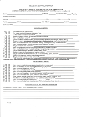 High School Medical History and Physical Examination Form