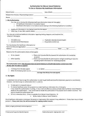 Mercer Island Pediatrics Health Information Authorization