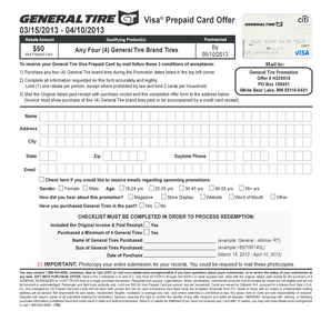 General Tire Visa Prepaid Card Rebate Form