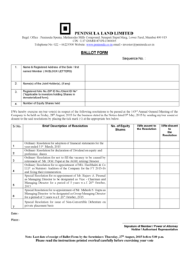 Peninsula Land Limited Ballot Form