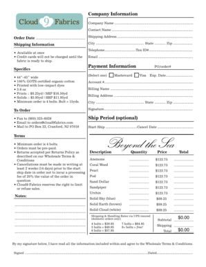 Wholesale Fabric Order Form