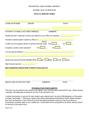 Pennsylvania School Dental Report Form