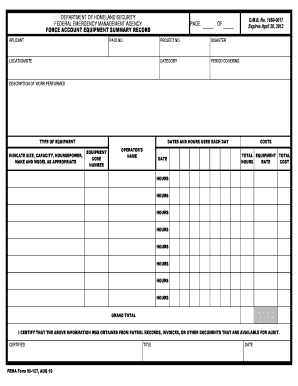 FEMA Force Account Equipment Summary Record
