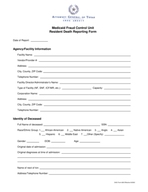 Texas Resident Death Reporting Form