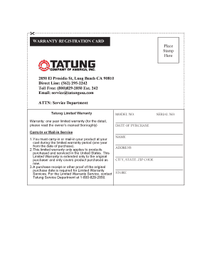 Tatung Limited Warranty Registration Card