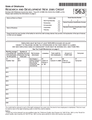Oklahoma Research and Development New Jobs Credit Form 563