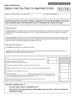 Oklahoma Credit for Tax Paid to Another State Form 511TX