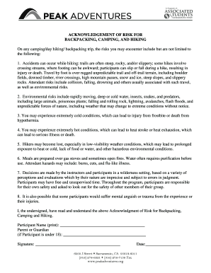 Acknowledgment of Risk for Backpacking, Camping, and Hiking
