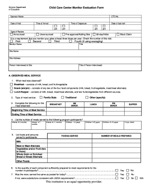 Arizona Child Care Center Monitor Evaluation Form