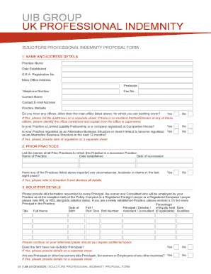 UK Solicitors Professional Indemnity Proposal Form