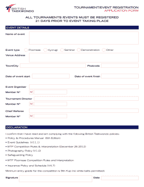 British Taekwondo Tournament Registration Form