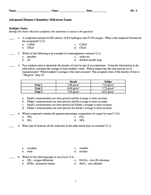 Advanced Honors Chemistry Mid-term Exam