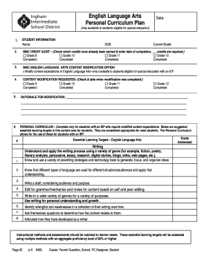 Personal Curriculum Plan for Special Education Students