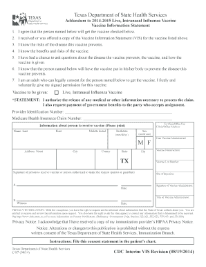 Texas Influenza Vaccine Consent Form