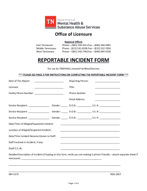 Tennessee Reportable Incident Form