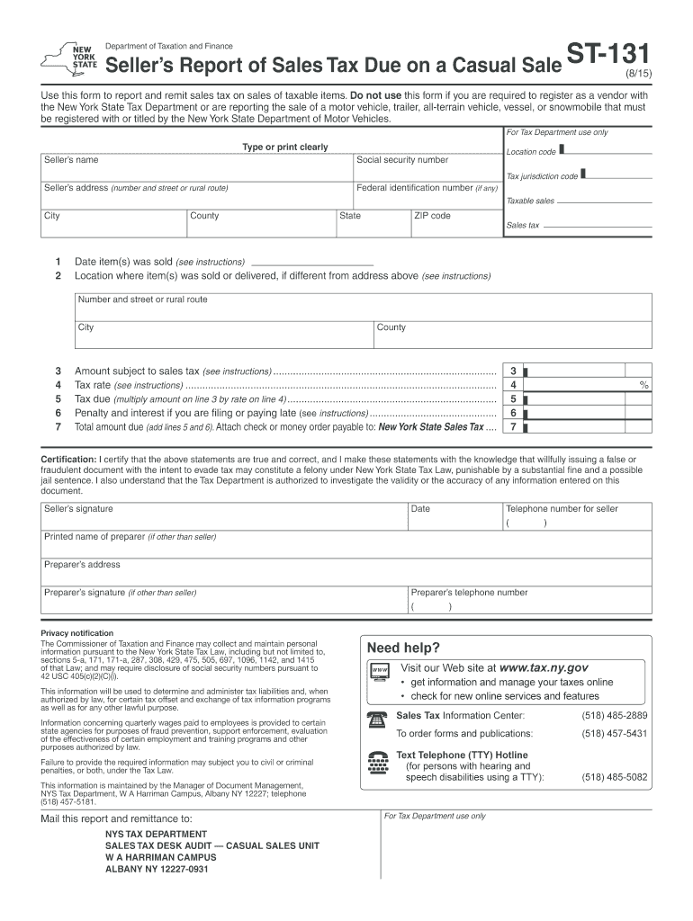 Form ST-131815 Sellers Report of Sales Tax Due on a Casual Preview on Page 1