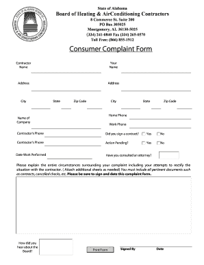 Alabama Heating and Air Conditioning Contractor Complaint Form
