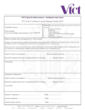VTCT Sports Massage Therapy Feedback Mark Sheet