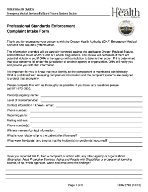 Oregon Health Authority EMS Complaint Form