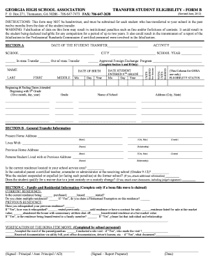Georgia High School Association Transfer Student Eligibility Form B