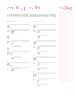 Wedding Party List Template
