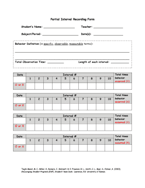 Partial Interval Recording Form