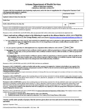 Arizona Criminal History Affidavit for Child Care Personnel