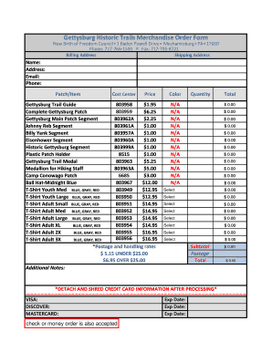Gettysburg Historic Trails Merchandise Order Form