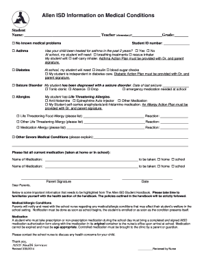 Allen ISD Student Medical Condition Form