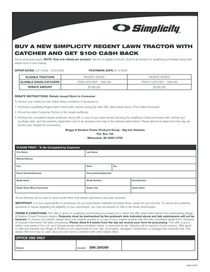 Simplicity Regent Lawn Tractor Rebate Form