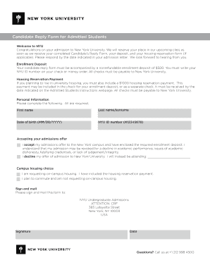 Candidate Reply Form for Admitted Students