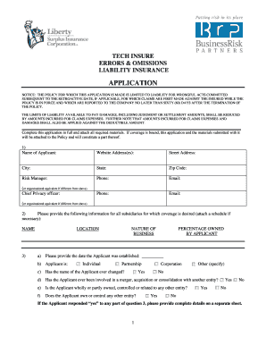 Tech Insure Errors and Omissions Liability Insurance Application