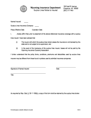 Wyoming Surplus Lines Notice to Insured