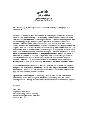 Arizona Mortgage Credit Certificate Refinancing Affidavit