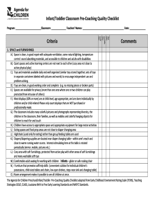 Infant Toddler Classroom Pre-Coaching Quality Checklist