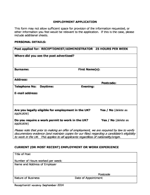 UK Receptionist Administrator Employment Application