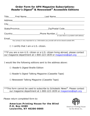 APH Magazine Subscription Order Form