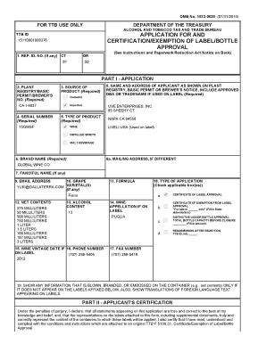 TTB ID Application for Label/Bottle Approval