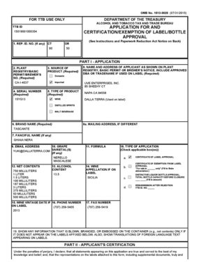 TTB ID Application for Label/Bottle Approval