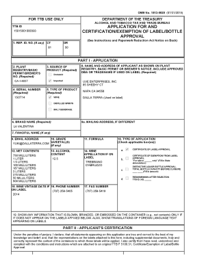 TTB ID Application for Label/Bottle Approval
