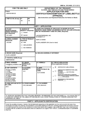 TTB ID Application for Label/Bottle Approval