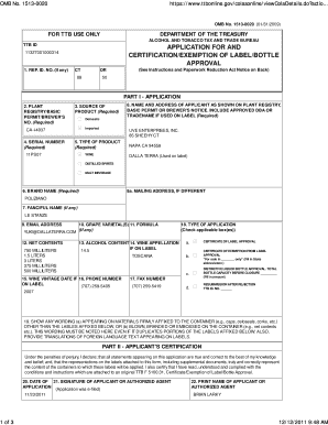 TTB ID Application for Certification/Exemption of Label/Bottle Approval