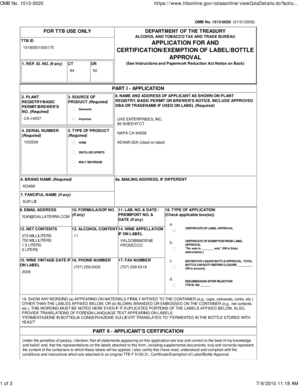 TTB ID Application for Certification/Exemption of Label/Bottle Approval