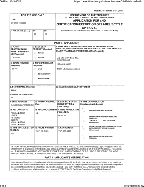 TTB ID Application for Certification/Exemption of Label/Bottle Approval