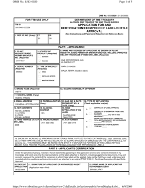 TTB ID Application for Certification/Exemption of Label/Bottle Approval