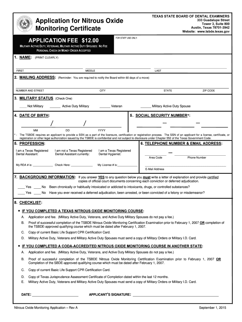 Fillable Online tsbde texas Nitrous Oxide Monitoring Application